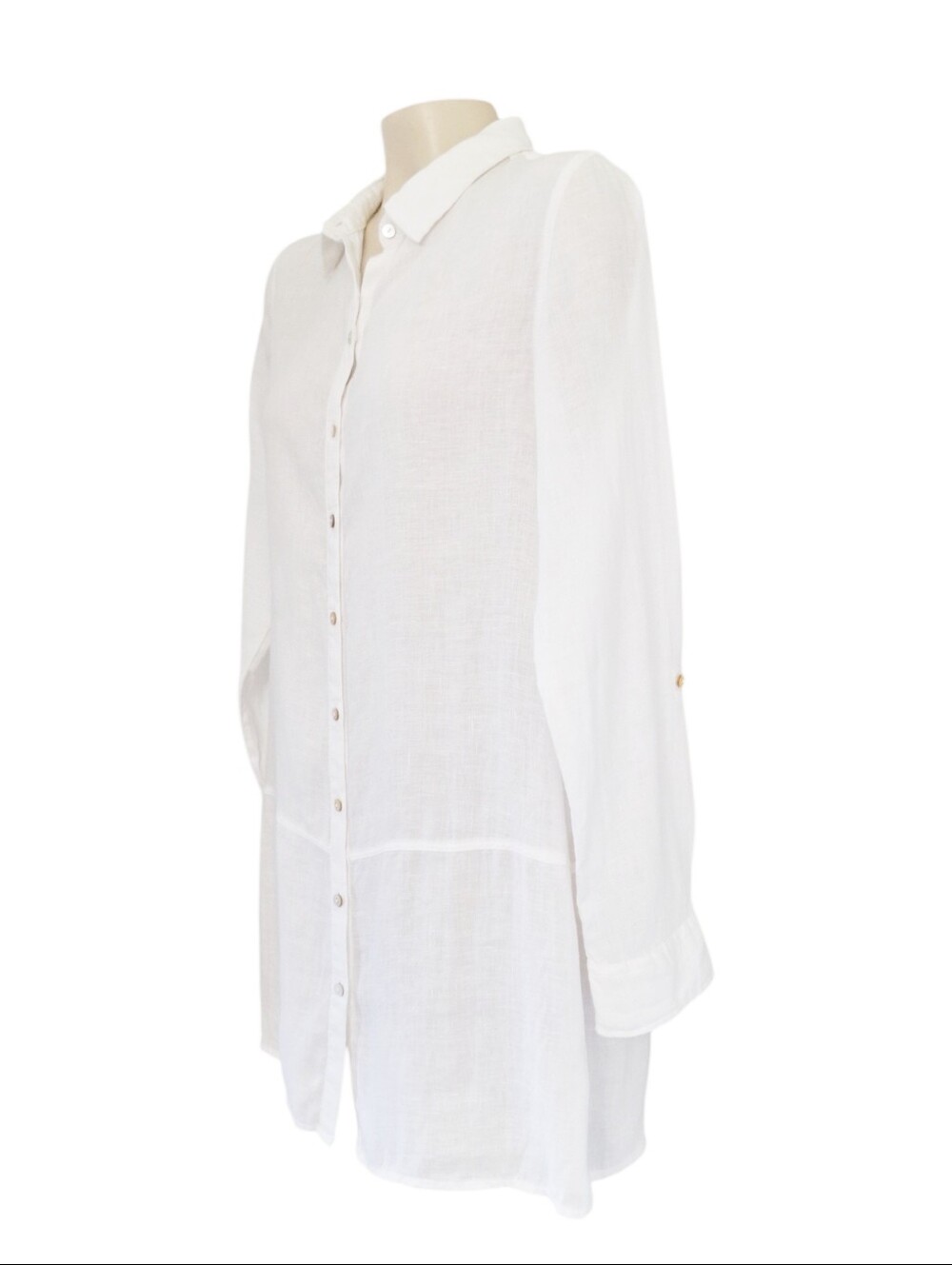 Tahari White Linen Tunic Shirt Medium Roll Tab Sleeves Button Front M - Picture 3 of 7
